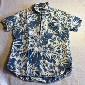 Ralph Lauren Men's Medium Blue White Floral Linen Short Sleeve Aloha Shirt